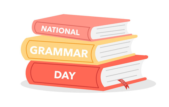 National grammar day banner with stack of books. March 4. Flat design poster