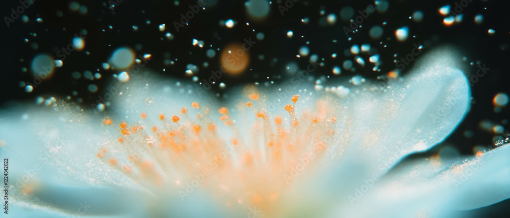 Poster exploration of tiny pollen particles on flower petals with intricate details
