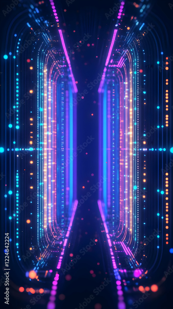 Poster abstract 3d neon lights tunnel creates a futuristic data stream with glowing particles dynamically