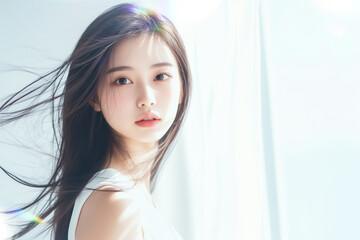 窓際で髪をなびかせる女性