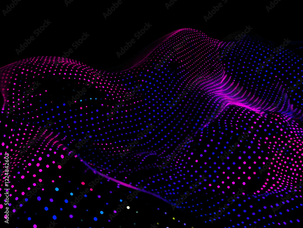 Poster abstract background flows with pink and blue dots dynamically on a black canvas.