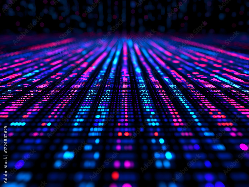 Poster abstract background with glowing digital binary code data stream in perspective