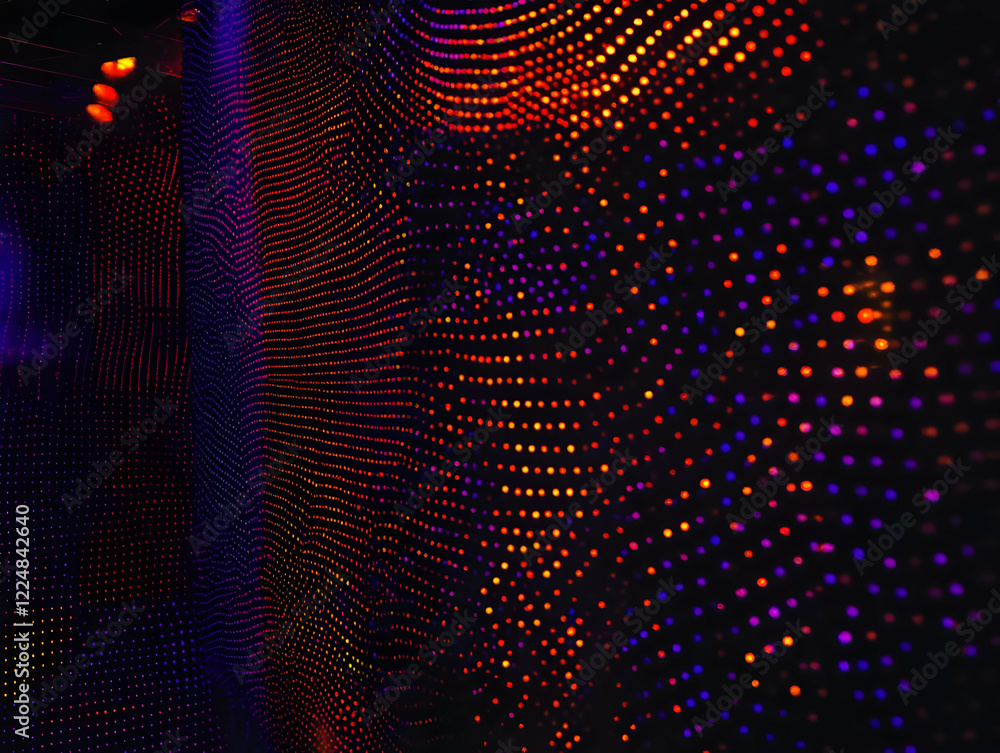 Poster abstract background with glowing colorful dots forms a wavy pattern in dark space.