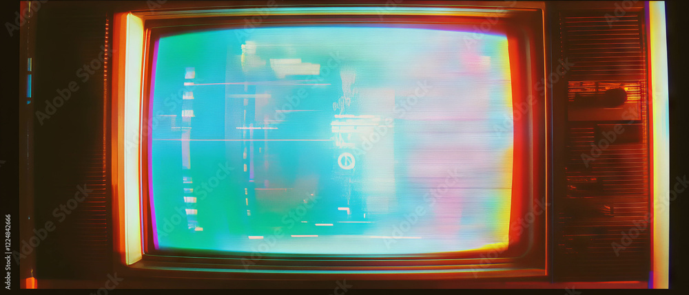 Poster vivid display of a vintage television screen overlay with bright colors and dynamic texture