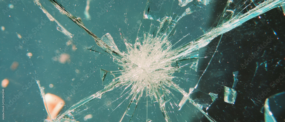 Poster visually enhanced texture of broken glass with clear area against black backdrop