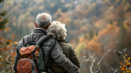 Fototapeta premium Elderly couple with backpacks admiring autumn mountain landscape, surrounded by warm foliage, concept of adventure and nature