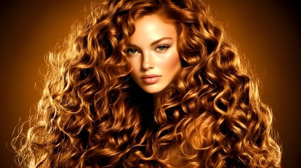 Fototapeta premium Woman with Long, Luxurious, Golden-Red Curly Hair Poses Elegantly Against a Warm Brown Backdrop
