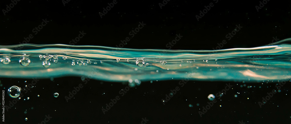 Poster water bubbles floating serenely on the surface with calm water at a black background
