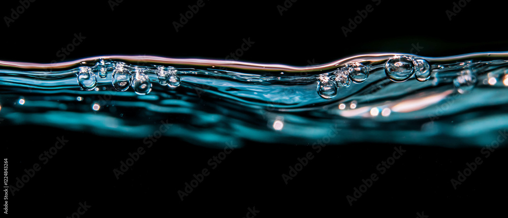 Poster floating water bubbles create a serene atmosphere against a black background