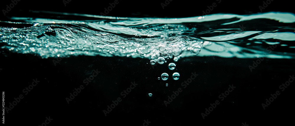 Poster Water bubbles floating on calm surface with black background creating a tranquil effect