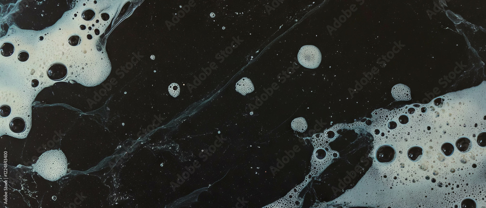 Poster bubbles rising in carbonated liquid create soft effervescent texture against black backdrop