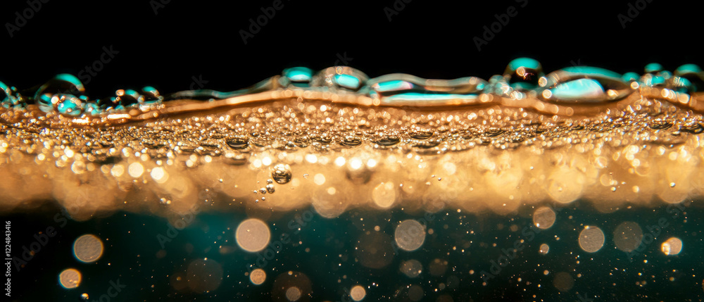 Poster Water bubbles create a dreamy bokeh effect against a black background in an abstract setting