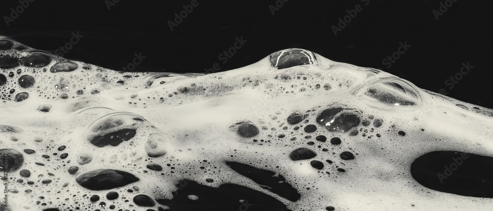 Poster bubbles floating in soapy water create a captivating foamy texture against a dark backdrop