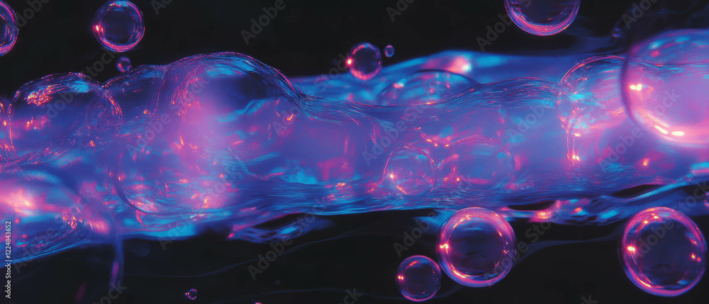 Aufkleber water bubbles reflecting light with a shiny and colorful texture against a black background