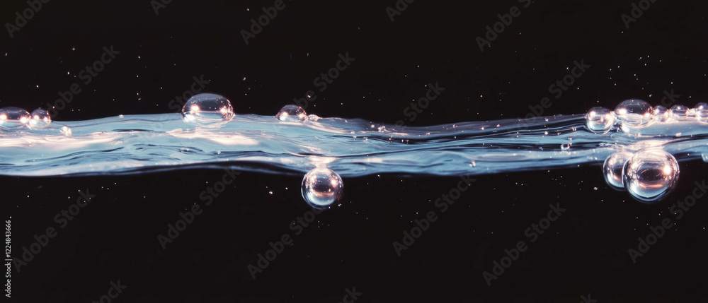 Poster dynamic water bubbles in motion create a flowing effect against a black backdrop