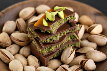Dubai chocolate with pistachios and kadaif in wooden plate.