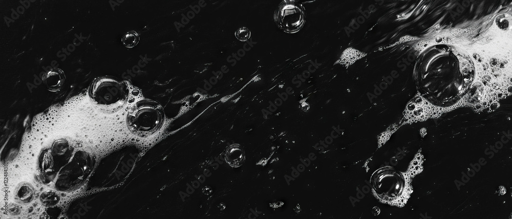 Poster water bubbles floating in a viscous liquid with a dense texture against a black background