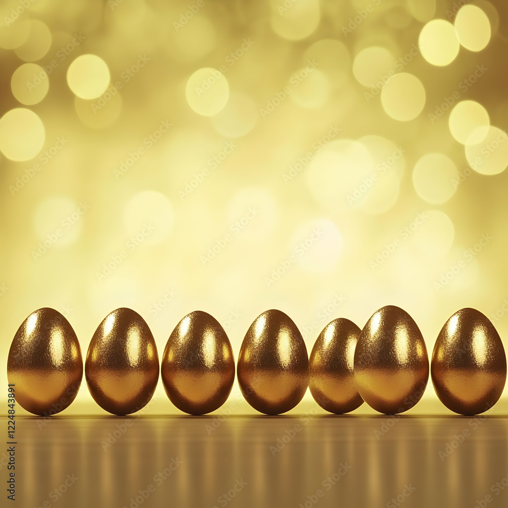Aufkleber seven golden eggs stand in a row on a reflective surface with a golden bokeh background.
