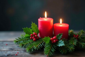 Three burning candles on fir branches with holly and mistletoe added to the festive arrangement, fir branch decoration, winter wonderland