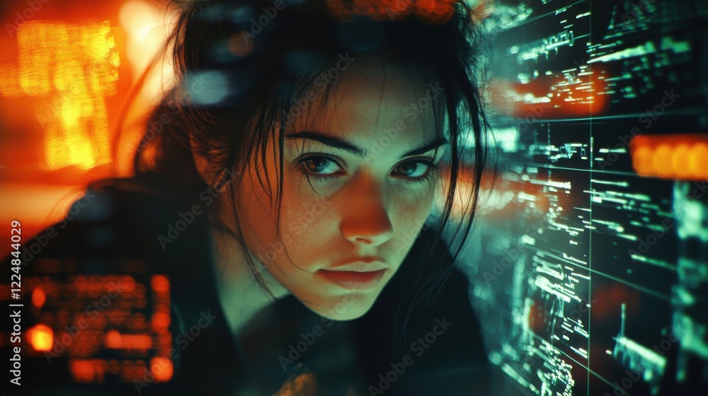 Aufkleber a woman is looking at a computer screen with a lot of numbers and letters. generative ai