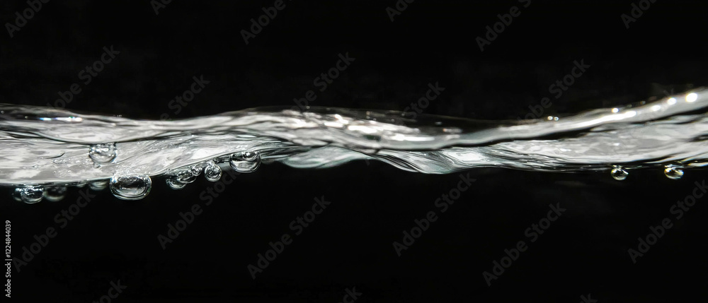 Poster overlay texture featuring water bubbles in a clear liquid on a black background