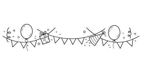 Garland with Flags, balloons and gifts. Decorations for Birthday. Outline frame for invitation card, celebration and holidays.