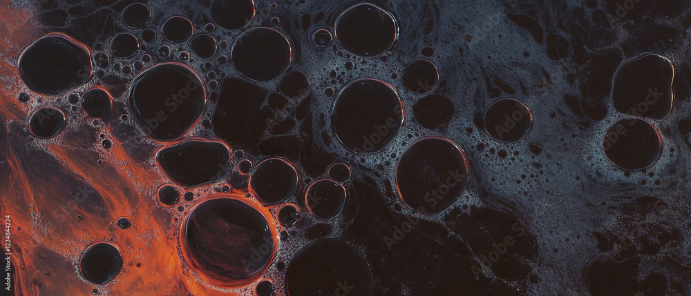 Poster water bubbles in oil create a striking contrast against a dark background with a viscous texture