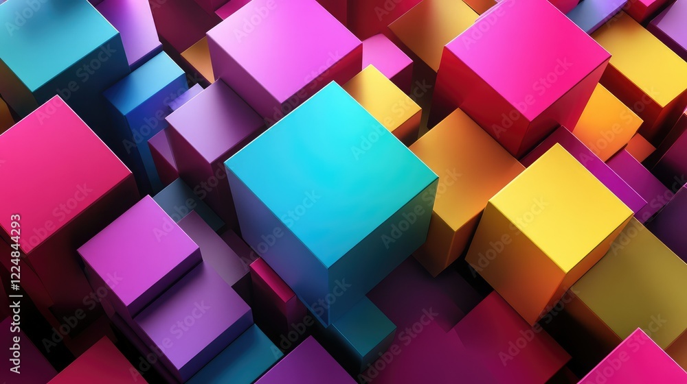 Poster vibrant geometric cubes arrangement in vivid colors creating an abstract background with depth and d