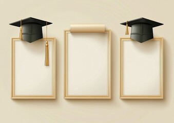 Three elegant certificate frames with golden borders are arranged side by side on a beige background