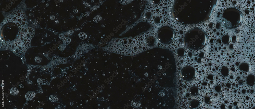 Poster Water bubbles texture on black background highlighting intricate patterns and adherence effect