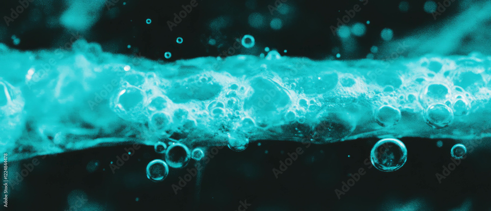 Poster Bubbles forming and floating in water with dark accents and a soft contrast on a light background