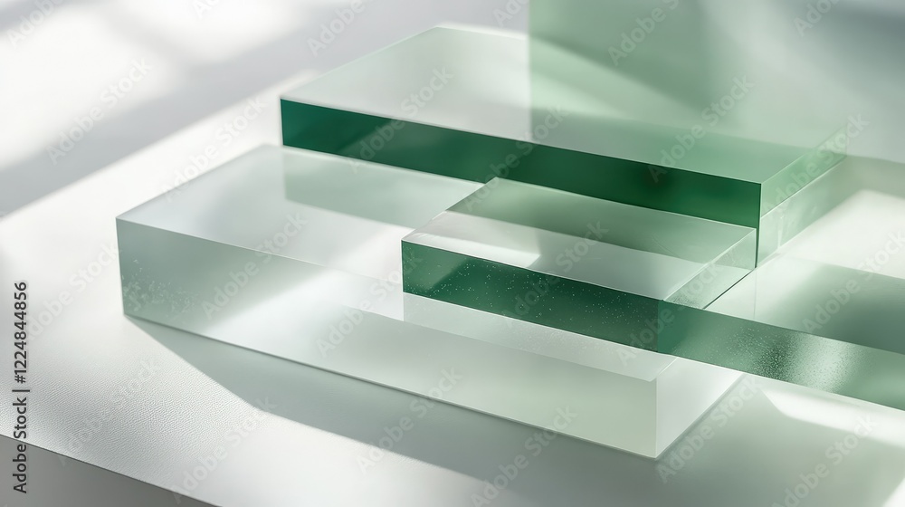 Poster abstract composition of layered transparent glass blocks in soft natural light, creating elegant sha