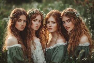 Fototapeta premium Four Women with Floral Hairstyles in Nature Setting