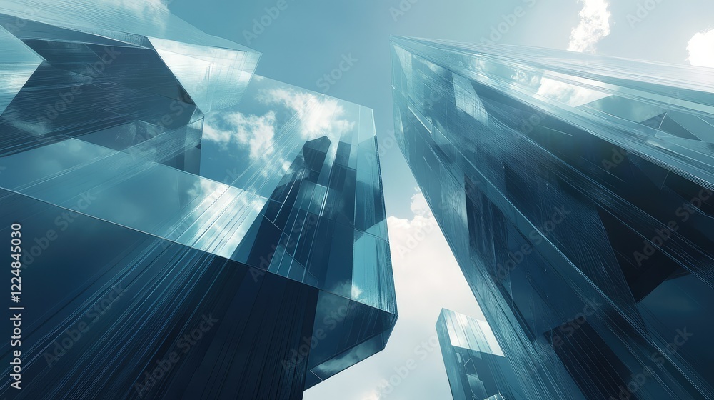 Poster abstract architecture with transparent structures under blue sky and clouds, showcasing modern desig