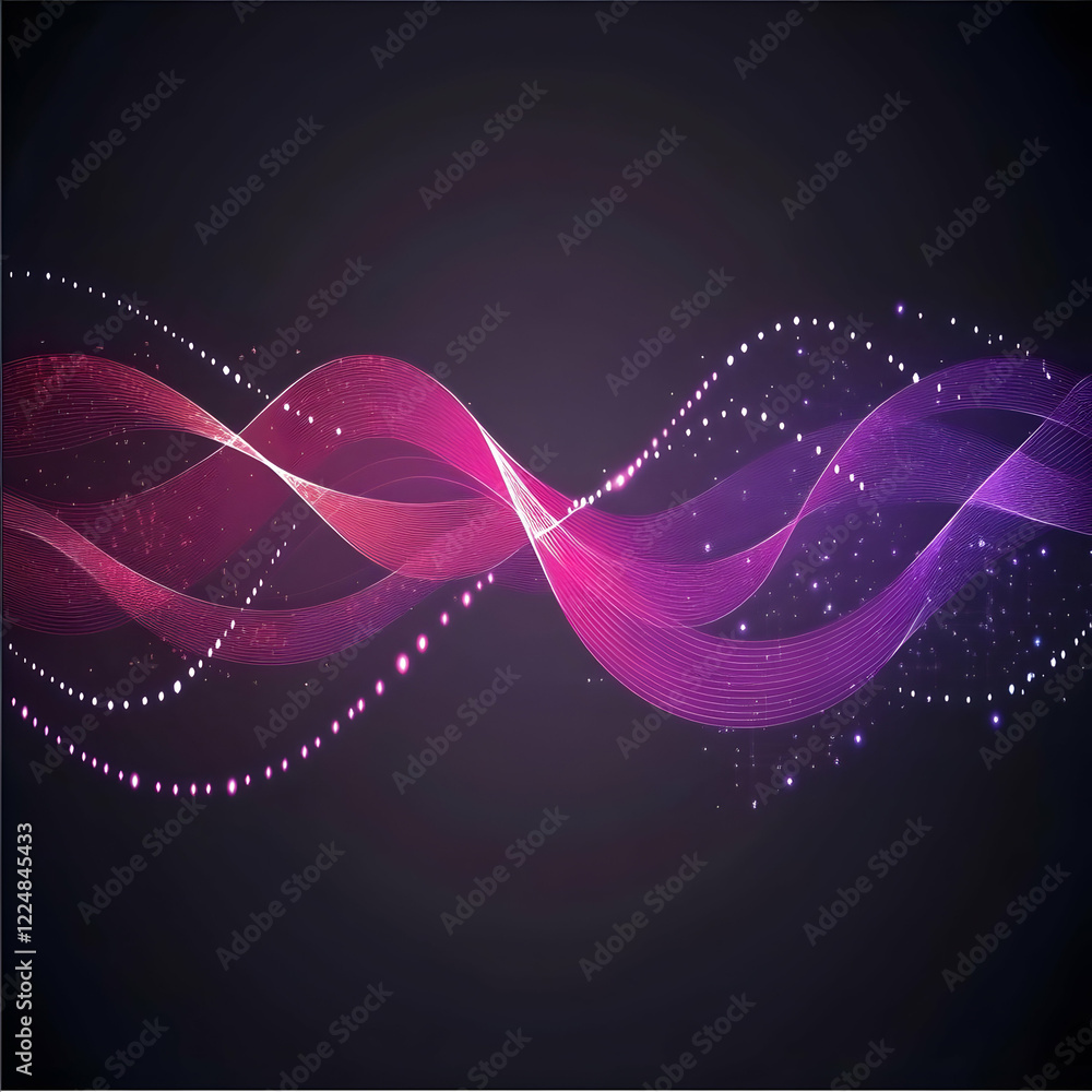 Poster abstract pink and purple wavy lines flowing gracefully across a dark background with subtle particle