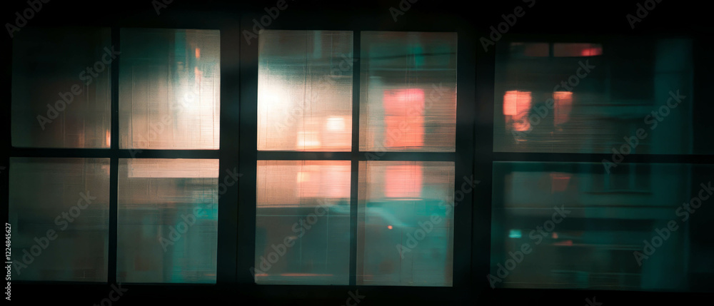 Poster Urban reflections and window light create captivating textures against a dark backdrop