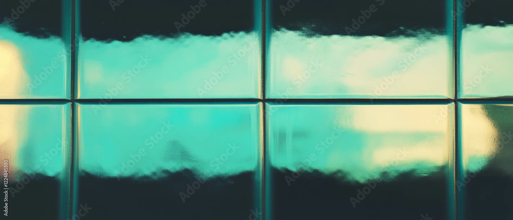 Poster Reflective patterns of window reflections on metallic surfaces against a dark backdrop