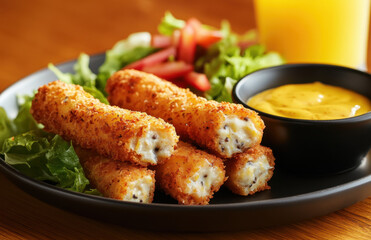 Fototapeta premium Crispy mozzarella sticks served with cheese sauce and fresh salad on a black plate in a cozy restaurant setting