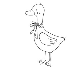 Cute goose character with bow, line art, hand drawn illustration for coloring book or page