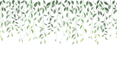 Seamless border with green abstract hanging branches, delicate isolated watercolor illustration for invitation card, cover, frame or wallpapers. Hand drawn foliage background.