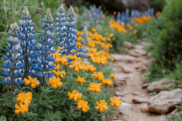 Obraz premium Wildflower path: vibrant blue and gold blooms along a rocky trail.