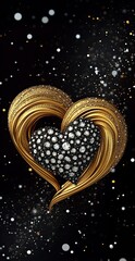 Naklejka premium Golden hearts adorned with diamonds, intertwined in the center of an elegant black background with white dots