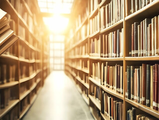 Library Bookshelves Filled with Books in Warm Sunlight Creates a Peaceful Atmosphere for Reading and Studying.
