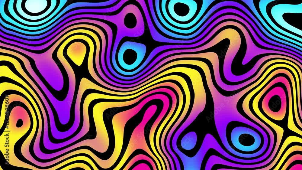 Poster Liquid psychedelic pattern of curved lines. Looping Motion. Moving liquid pattern with curved lines. Spots and curved lines move in