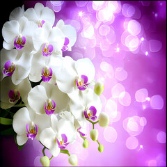 Fototapeta premium White Orchids with Purple Centers Bloom Beautifully Against a Soft Purple Bokeh Background