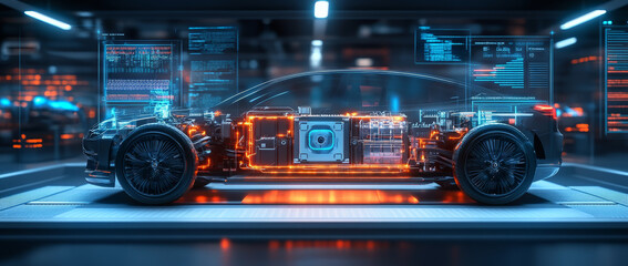 Obraz premium Electric vehicle cutaway, illuminated internal components and digital data overlays.