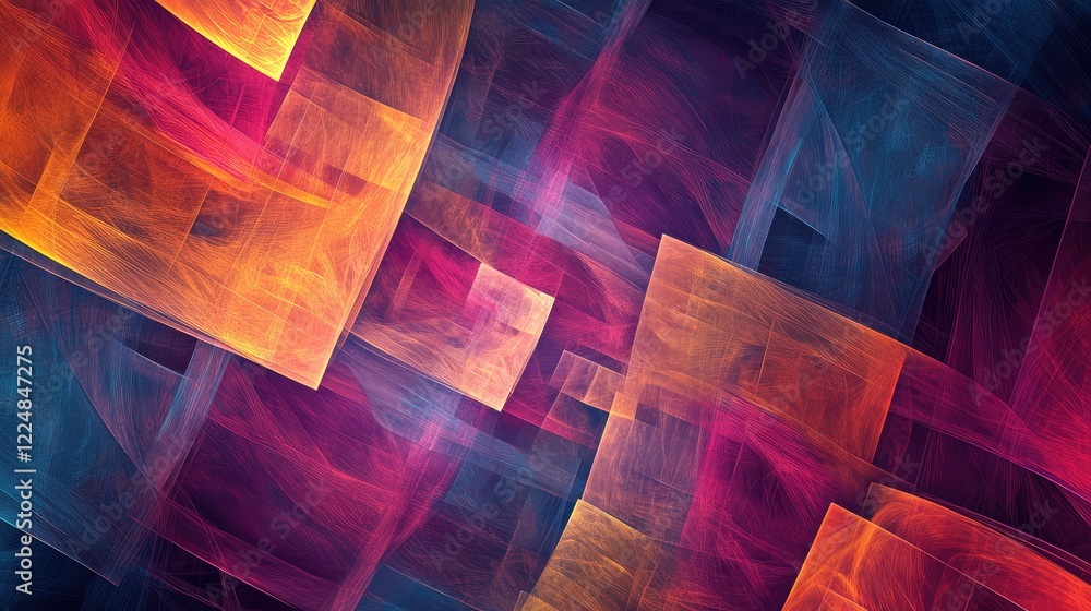 Poster a seamless abstract background of dynamic squares in bold colors, blending and creating layers of de