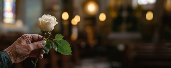 Old Hand holding white rose against church background, religious service for deceased. Farewell and loss, mourning at funeral, fond memory. Banner  services advertisement template, copyspace