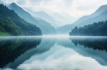 Serenity of a tranquil lake surrounded by mountains and lush greenery at dawn