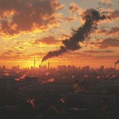 Fototapeta premium Cityscape sunset with industrial pollution.